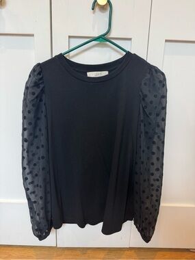 LOFT Black Long-Sleeve Top with Sheer Polka Dot Puff Sleeves